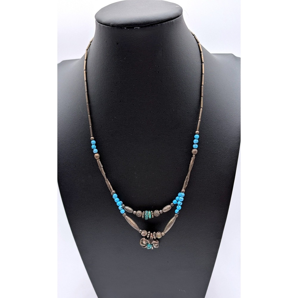 Southwestern Turquoise Flower Double Strand Liquid Silver Tone Necklace 20 Inch